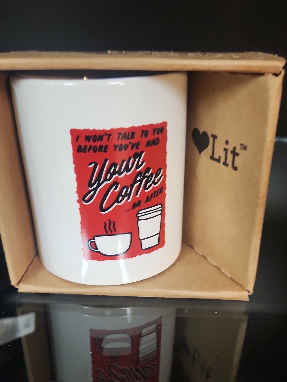 Lit White Ceramic Coffee Mug with Red Graphic